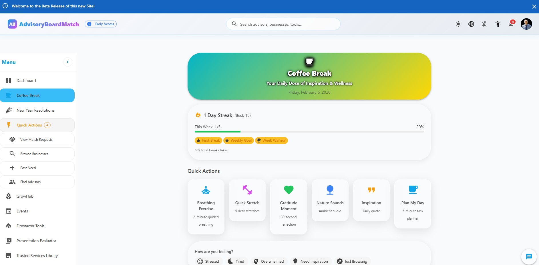 Advisory Board Match platform showing Coffee Break feature and dashboard interface